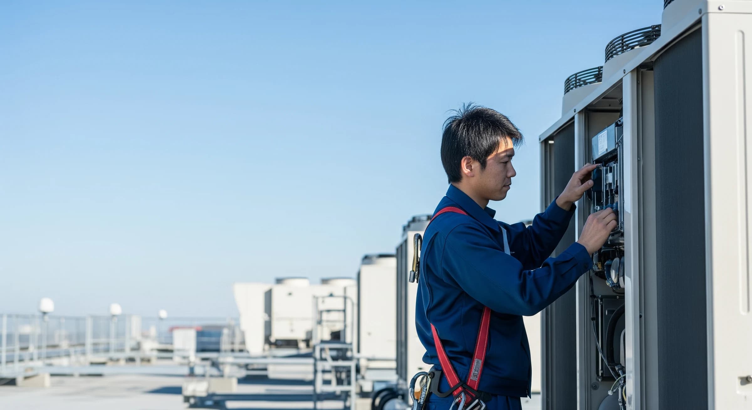 業務用空調機を点検する整備士